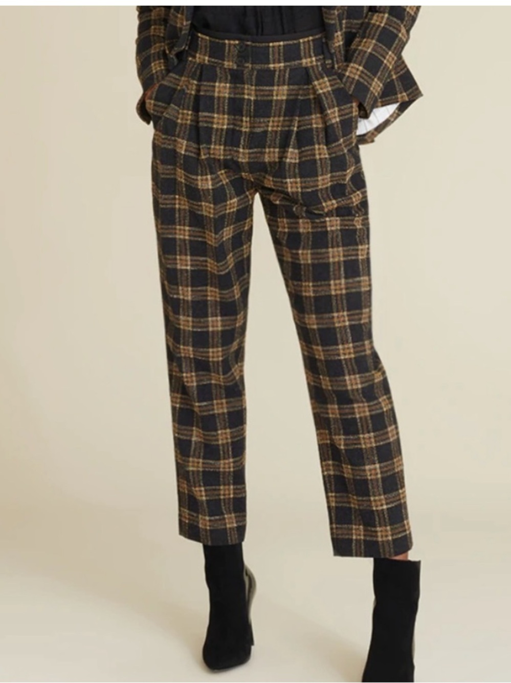 $425 Veronica Beard Reena Plaid Pants Black Tan brown Sz 8